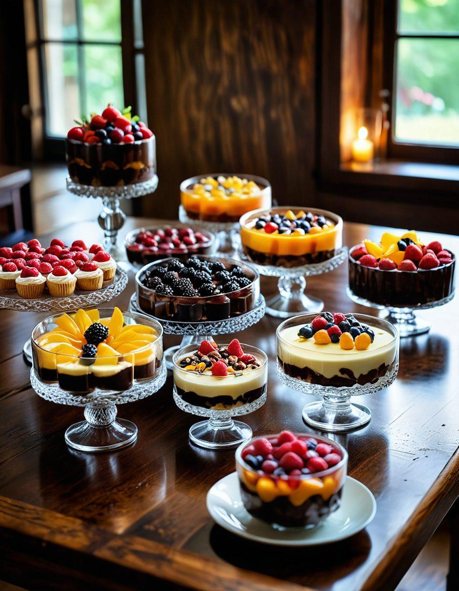 A lavish dessert table adorned with an array of vibrant, decadent pudding desserts, showcasing various flavors and textures in elegant glass cups. Surround the desserts with delightful toppings like fresh fruits, chocolate shavings, and edible flowers to enhance visual appeal. The background should have a warm, inviting atmosphere, perhaps with soft lighting or a rustic wooden table. Capture the richness and indulgence of these sweets in an appealing way. super-realistic. vibrant colors. soft focus.